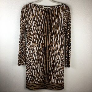 Michael Kors Women's Tiger Print Beige Brown Black Long Sleeve Shift Dress XS